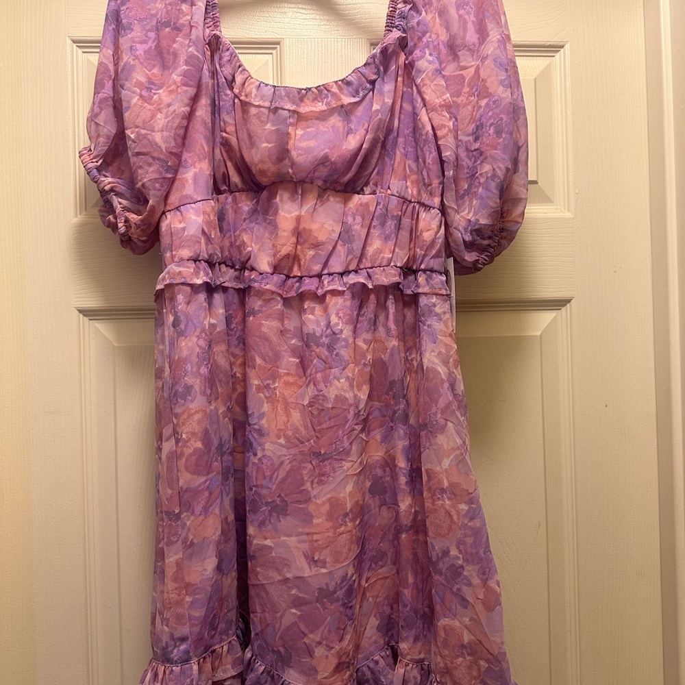 Jessica Simpson Floral Puff Sleeve Dress in Purple and Pink